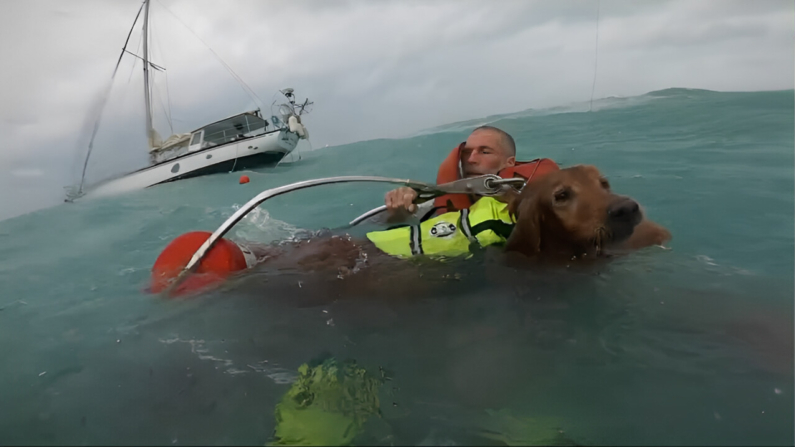 Captura de pantalla de un hombre y su perro siendo rescatados por la Guardia Costera de EE.UU. del Sureste, el 26 de septiembre de 2024 en Clearwater, Florida. (Video cortesía de la Guardia Costera de EE.UU.: Filmado por el Suboficial de Marina de 2ª Clase Todd Hudson, un Técnico de Supervivencia en Aviación, asignado a la Estación Aérea Clearwater de la Guardia Costera; editado y publicado por el Teniente Comandante, Scott Kellerman, piloto de helicóptero MH-60 de la Estación Aérea Clearwater)